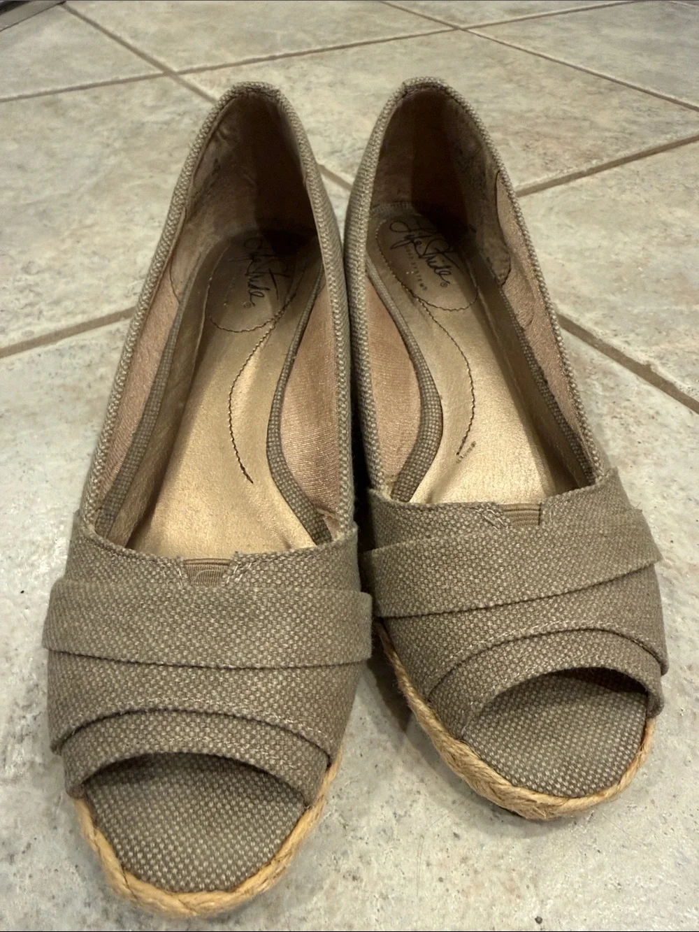 Life Stride Taupe Canvas Peep-Toe Espadrilles
